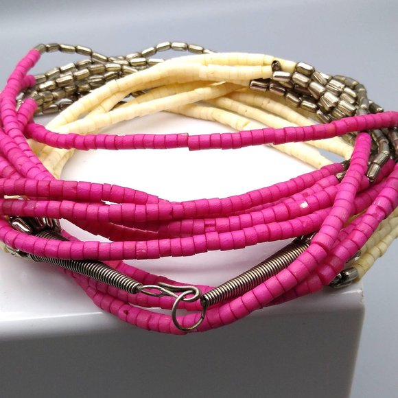 Multi Strand Colorful Heishi Necklace with Hot Pink Cream and Silver Findings - Picture 4 of 4